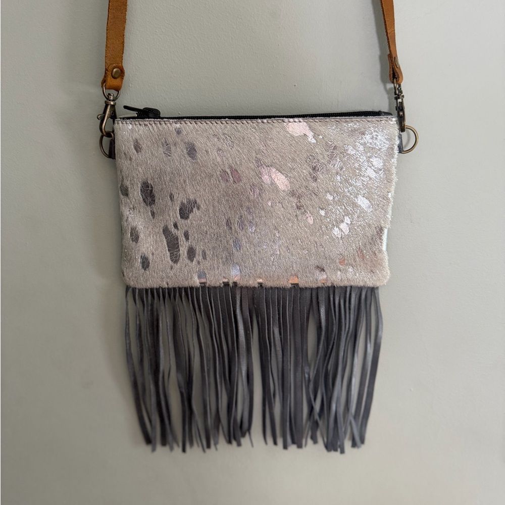 Leather Cowhide Fringe Crossbody Bag - Silver Splash USA Made